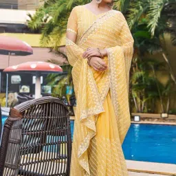 Satrani Yellow Embroidered Saree With Unstitched Blouse-image-30