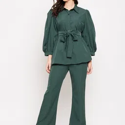 all about you Green Self Design Puffed Sleeves Shirt With Trousers-picture-22