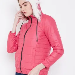 Deewa Women Pink Solid Hooded Parka Jacket image 4