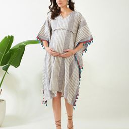 The Kaftan Company Three Fourth Sleeves Rosy Striped Maternity And Feeding Dress With Concealed Zipper Nursing Access - Grey-picture-20