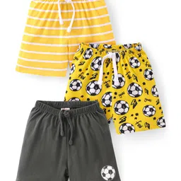 Babyhug Cotton Single Jersey Knit Shorts Stripes & Ball Print Pack Of 3 - Yellow & Black-picture-17