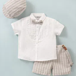 ToffyHouse Half Sleeves Shirt & Stripes Short Set with Suspender Bow & Cap - Khaki-picture-18