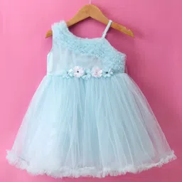 Babyhug Woven Sleeveless Floral Corsage Detailing Fit & Flared Party Frock - Light Blue-picture-27