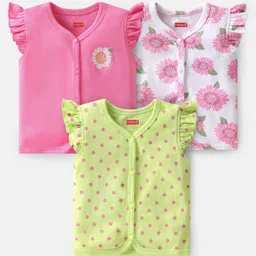 Babyhug 100% Cotton Knit Frill Sleeves Polka Dots & Floral Printed Antibacterial Front Open Vests Pack of 3 - Pink & Green-picture-17