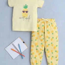 BUMZEE Cotton Knit Half Sleeves Pineapple Printed T-Shirt & Lounge Pant Set - Yellow-image-20