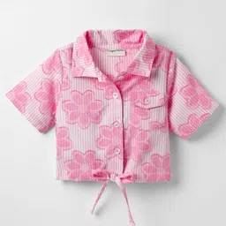 CrayonFlakes Cotton Woven Half Sleeves Floral Embroidered Shirt Style Crop Top - Pink-picture-25