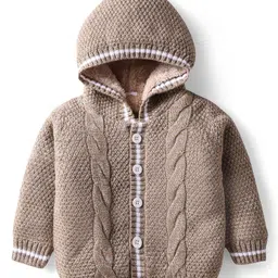 Babyhug Knitted Full Sleeves Hooded Front Open Sweater With Cable Knit Design - Beige-picture-11