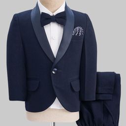 Robo Fry Cotton Woven Full Sleeves Solid 3 Piece Party Suit With Bow - Navy Blue & White-picture-27