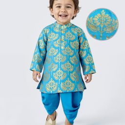 EARTHY TOUCH Single Jersey Knit Full Sleeves Kurta Dhoti Set with Floral Glitter Print - Light Blue-picture-3