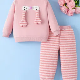 Mark & Mia Cotton Full Sleeves Winter Wear T-Shirt & Joggers Set with Animal Applique & Stripes - White & Pink-picture-27