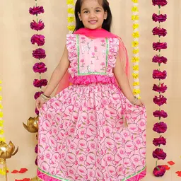 BownBee Pure Cotton Woven Sleeveless Floral & Cows Printed Gota Lace Embellished Lehenga Choli With Dupatta Set - Pink-image-91