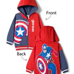 Babyhug Marvel Terry Knit Drop Shoulder Full Sleeves Cut & Sew Hooded Sweatjacket With Front & Back Avengers Foil Print & Kangaroo Pockets - Red & Blue-image-22