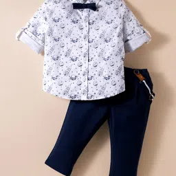 ToffyHouse Poplin Woven Full Sleeves Space Theme Printed Party Shirt & Trouser Set With Bow & Suspender - Navy Blue & White-image-36