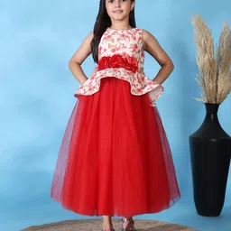 Toy Balloon Kids Net Woven Sleeveless Floral Printed Gown - Red-picture-14