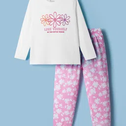 Honeyhap Premium Cotton Knit Full Sleeves Night Suit With Bio Finish & Floral Print - Bright White & Begonia Pink-image-96