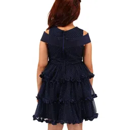 Cutecumber Cold Shoulder Shimmer & Floral Applique Detail Layered Dress - Navy Blue image 3