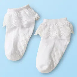 Cute Walk By Babyhug Knit Ankle Length Anti Bacterial Anti Skid Frill Socks Pack of 3 - Pink Purple & White image 2