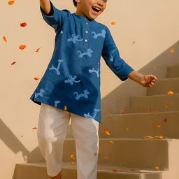 Somersault Kids Animal Printed Mandarin Collar Pure Cotton Kurta With Pyjamas image 2