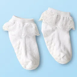 Cute Walk By Babyhug Knit Ankle Length Anti Bacterial Anti Skid Frill Socks Pack of 3 - Pink Purple & White image 3