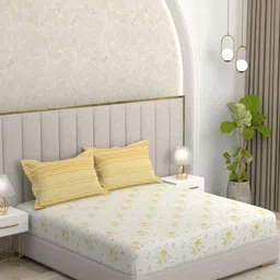 Pure Decor Yellow & White Floral 200 TC Queen Bedsheet with 2 Pillow Covers-picture-23