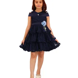 Cutecumber Cold Shoulder Shimmer & Floral Applique Detail Layered Dress - Navy Blue image 5