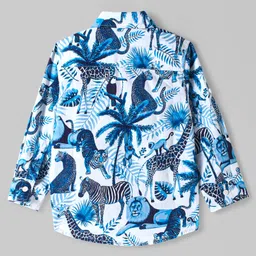 Ollington St. 100% Cotton Full Sleeves Collared Shirt & Twill Pant Set with Bow & Suspender Wild Animals Print -White & Blue image 4