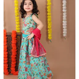 Kinder Kids Sleeveless Floral Printed & Sequins Embellished Coordinating Lehenga & Choli With Dupatta Set - Blue image 5