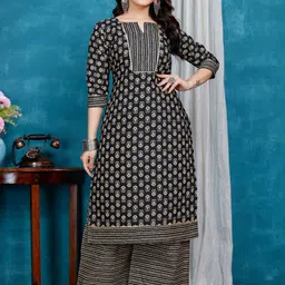 HIALTO Women Black Ethnic Motifs Printed V-Neck Cotton Kurta With Palazzos-image-20