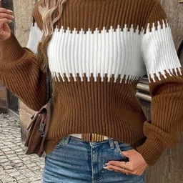 LULU & SKY Women Self Design Colourblocked Mock Collar Long Sleeves Pullover image 5