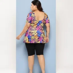 Aarika Yellow Nylon Printed Short Sleeves Plus Size Swimsuit image 2