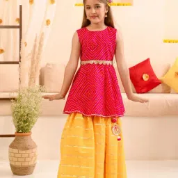 PSPeaches Kids Magenta Bandhani Printed Kurta & Striped Skirt With Ethnic Belt-picture-45