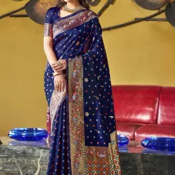 Satrani Navy Woven Saree With Unstitched Blouse-image-18