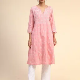 House Of Kari Noor Chikankari Hand embroidery Anarkali Dress in Cotton Pink-image-42