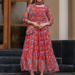 Rujave Floral Print Applique Georgette Maxi Dress-image-21