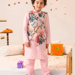 Pspeaches Full Sleeves Lurex Striped Kurta With Pyjama With Seamless Vintage Floral Printed Asymmetrical Hem Jacket - Pink-picture-12