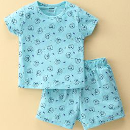 CUCUMBER Sinker Half Sleeves Night Suit With Unicorn Print - Blue-picture-12