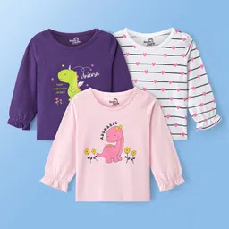 Doodle Poodle 100% Cotton Single Jersey Full Sleeves Tops with DIno & Heart Print Pack of 3 - Blue White & Pink-picture-22