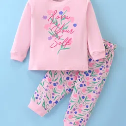 Doreme Single Jersey Knit Full Sleeves Nightwear Suit Set With Text & Floral Print - Pink-picture-10