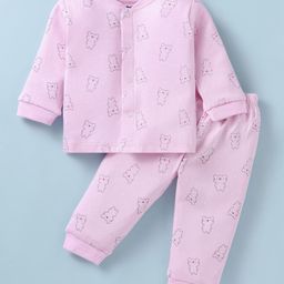 Simply Cotton Knit Full Sleeves Front Open Night Suit With Bear Print - Pink-picture-20