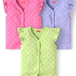 Babyhug 100% Cotton Interlock Knit Frill Sleeves Front Open Vests with Polka Dots Print Pack of 3 - Pink Lilac & Light Green-image-79