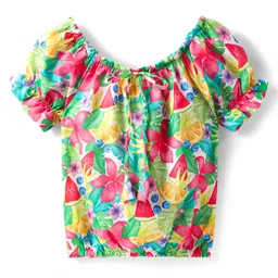 Babyhug Poplin Woven Puffed Sleeves Top With Floral Print - Green & Dark Pink-picture-25