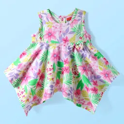 Babyhug Cotton Knit Sleeveless Top With Floral Print & Bow Applique - White & Pink-picture-16