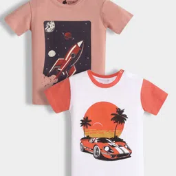 Orange Sugar 100% Cotton Knit Pack Of 2 Half Sleeves Rocket & Car Printed Tees - Soft Red & White-picture-28
