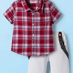 Babyhug Cotton Knit Half Sleeves Shirt and Shorts Sets with Suspender and Checks - Red & White-picture-23
