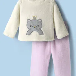 Babyhug Velour Knit Full Sleeves Night Suit With Animal Embriodery - White & Pink-image-50