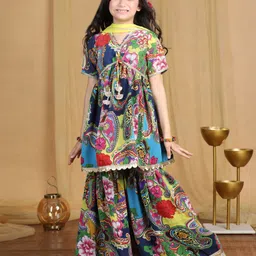 Cutiekins Georgette Woven Half Sleeves Paisley Printed Lace Embellished Kurti & Sharara With Dupatta Set - Navy Blue & Multi Colour-image-75