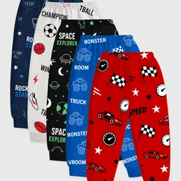 KUCHIPOO Cotton Blend Knit Pack Of 5 Stars Car & Typography Printed Track Pants - Red Blue Black Grey & Navy Blue-picture-12