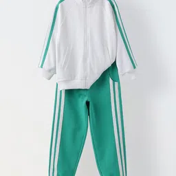 Spunkies Cotton Knit Full Sleeves Side Taped Jacket & Pant Set - White & Green-picture-10