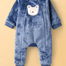 Babyoye Cotton Knit Full Sleeves Winter Wear Sleepsuit with Pair of Booties & Bear Patch - Navy Blue image 2