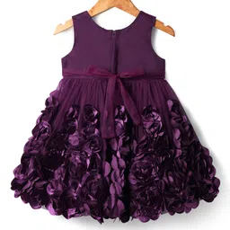 Babyhug Woven Sleeveless Party Dress with Bow & 3D Floral Applique - Purple image 2